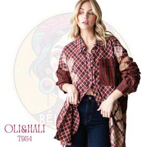 T954 OLI & HALI Rust Bleached Flower Plaid Button Up Flannel Shirt